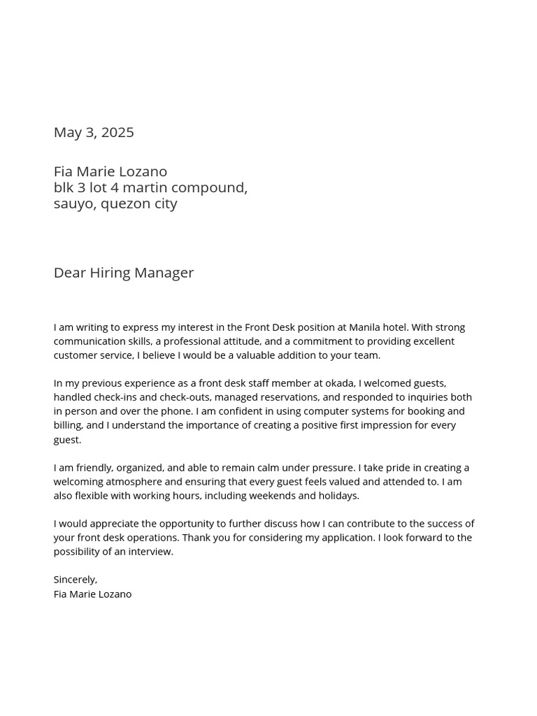 Front Desk Job Application Letter | PDF