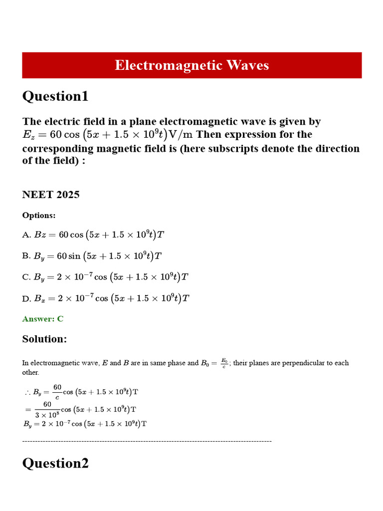 Electromagnetic Waves: NEET Questions & Solutions | PDF ...