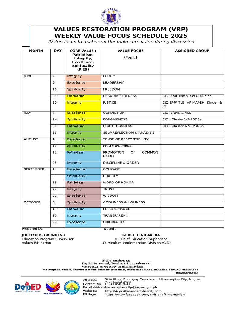 Values Restoration Program 2025 Schedule | PDF