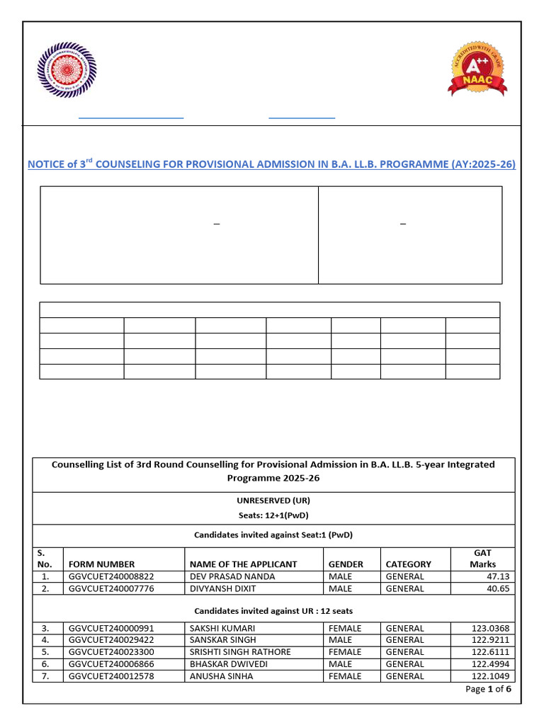 BALLB 3rd Counseling Notice 2025-26 21.08.25 | PDF