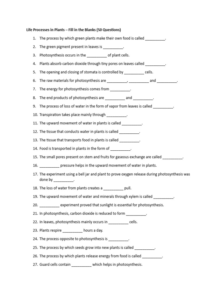 Class 7 Sci Worksheet CH Life Processes in Pants Aug 2025 | PDF | Leaf ...