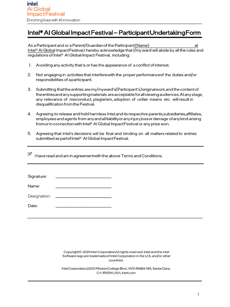 Intel AI Global Impact Festival 2023 - Participant Undertaking Form | PDF
