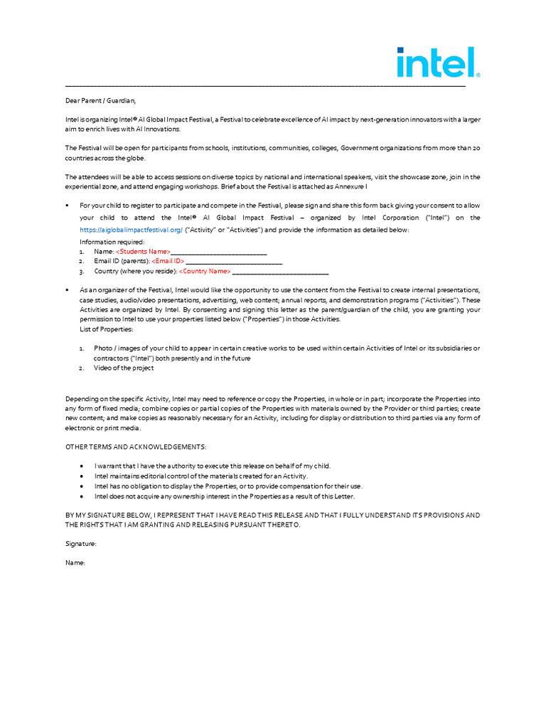 Intel AI Global Impact Festival 2023 - Parental Consent Form | PDF | Intel