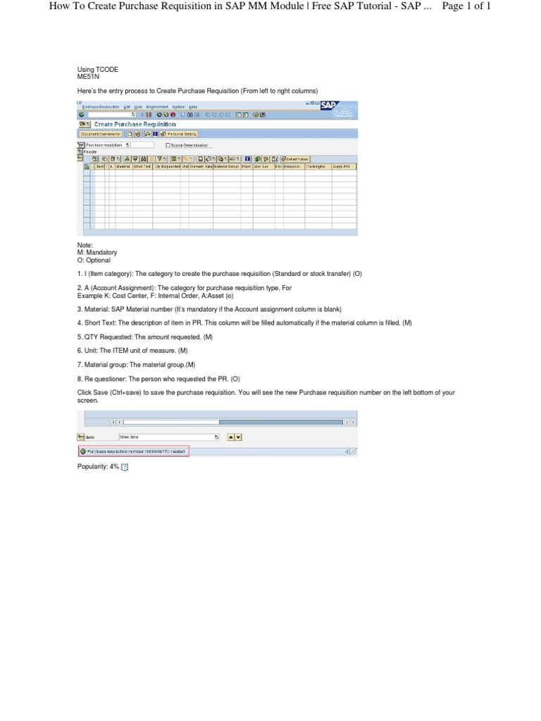 Create Purchase Requisition in SAP MM | PDF
