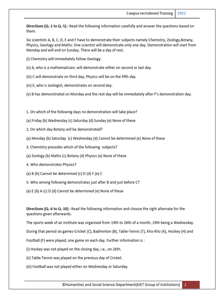 Analytical Reasoning Practice Sheet | PDF