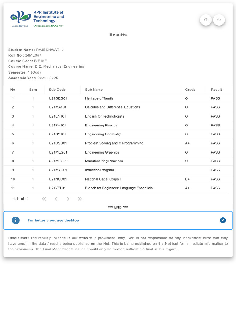 B.E. Mechanical Engineering Results 2024 | PDF
