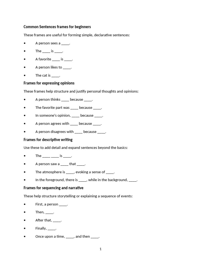 Essential Sentence Frames for Beginners | PDF