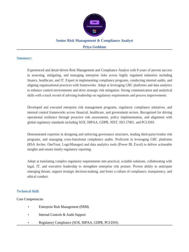 Senior Risk Management & Compliance Analyst | PDF | Regulatory ...