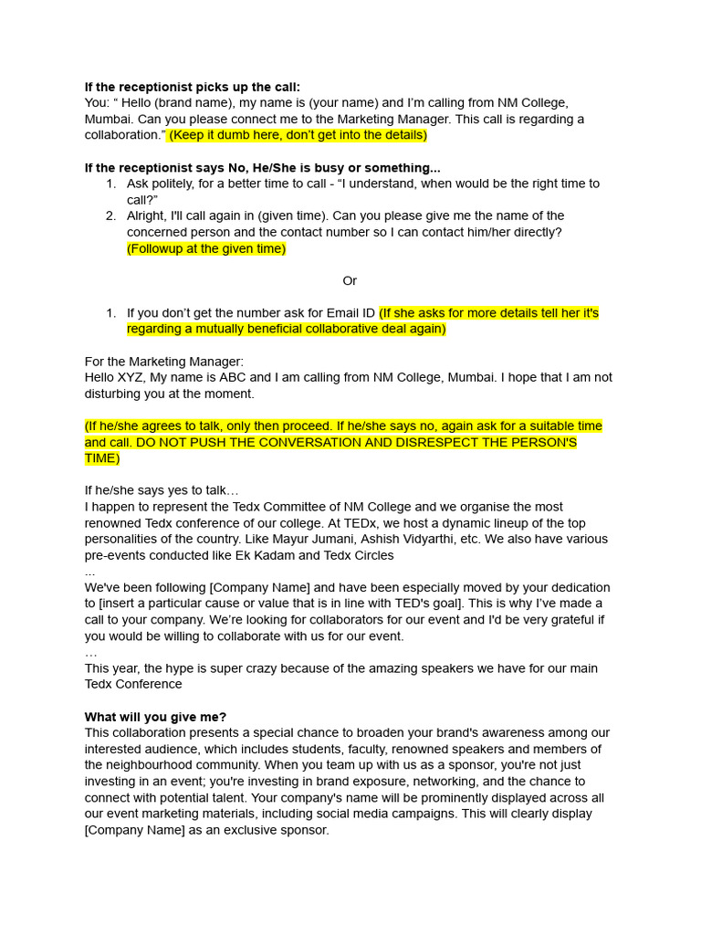 Call Pitch Marketing Tedx Pdf