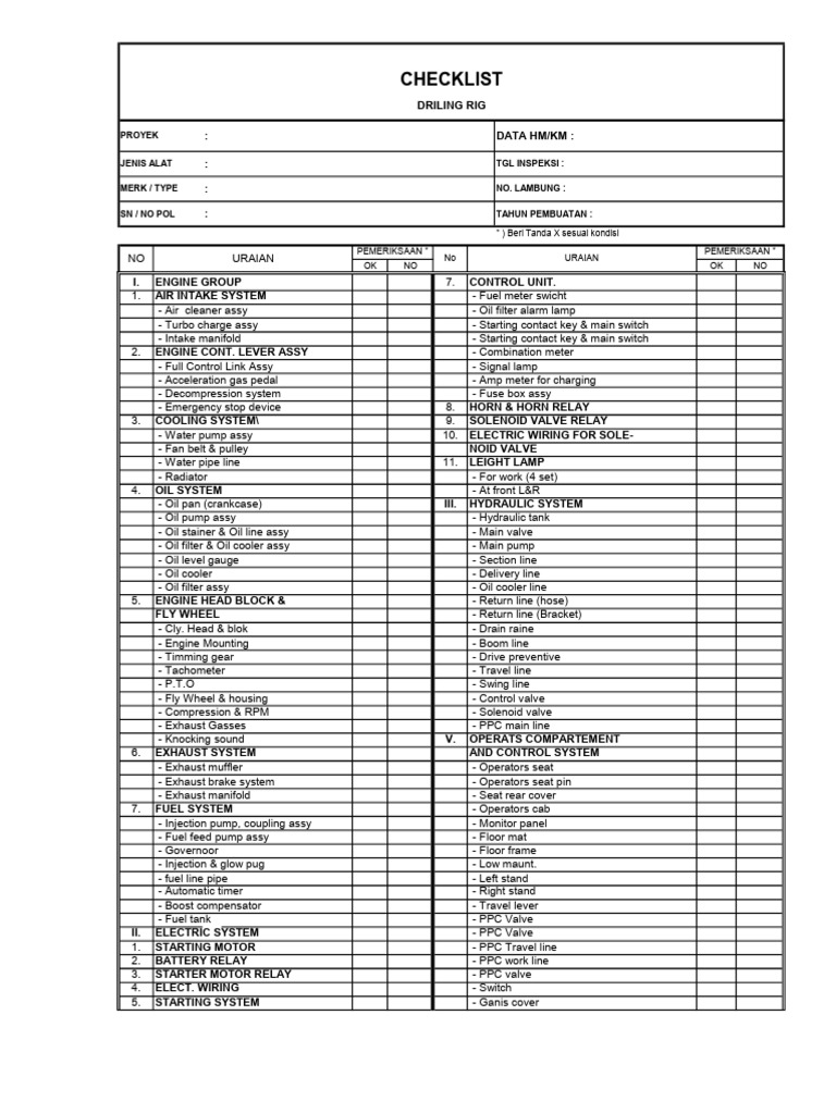 Checklist Drilling Rig | PDF | Engines | Vehicle Technology
