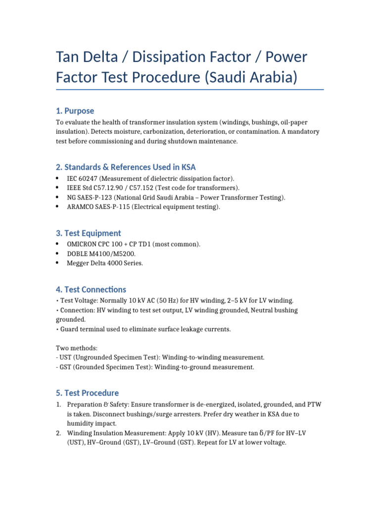 Tan Delta Testing Procedure for Transformers | PDF | Transformer ...