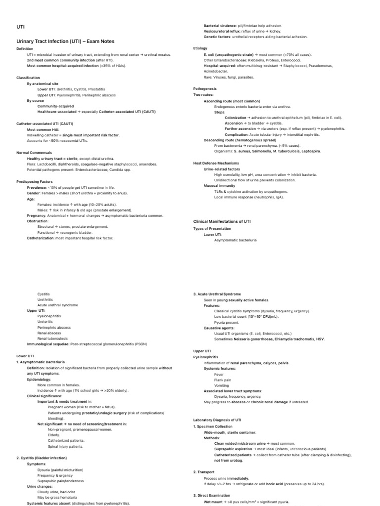 UTI Exam Notes: Causes, Symptoms, Treatment | PDF | Urinary Tract ...