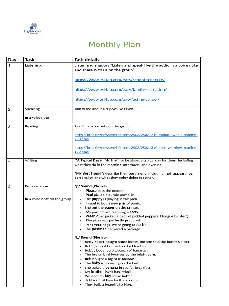 Monthly ESL Learning Plan Activities | PDF