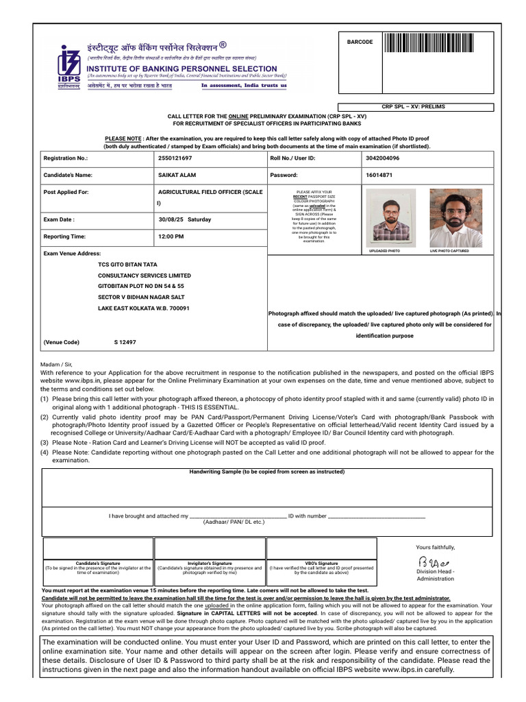 CRP SPL XV Call Letter for Exam | PDF | Identity Document | Driver's ...