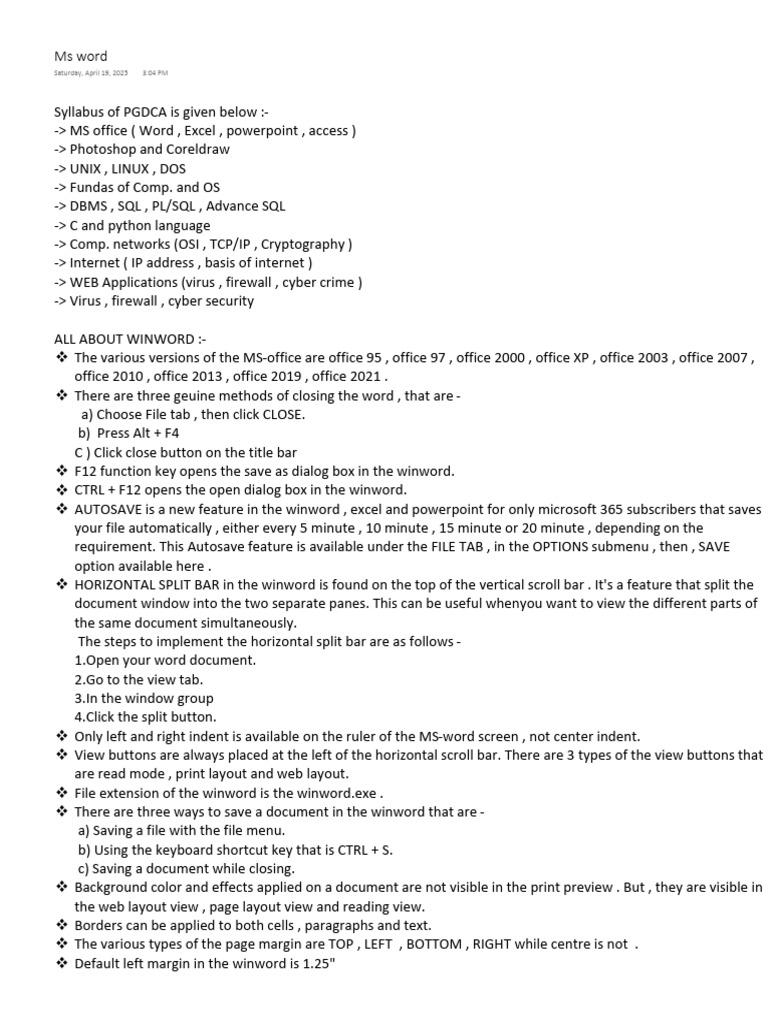 PGDCA Syllabus and MS Office Guide | PDF | Operating System | Image Editing