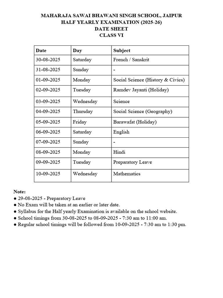 Class VI Half Yearly Exam Dates 2025-26 | PDF