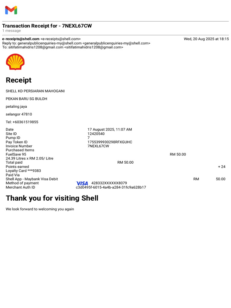 Shell Transaction Receipt 7NEXL67CW | PDF
