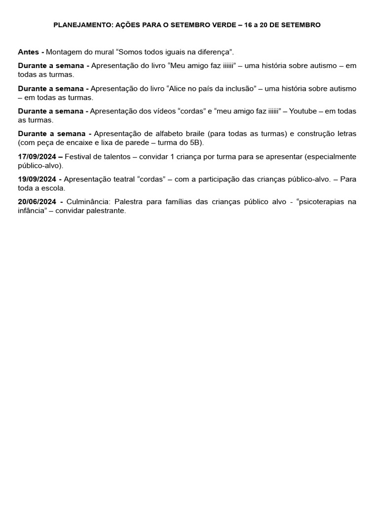 Ações do Setembro Verde 2024 | PDF