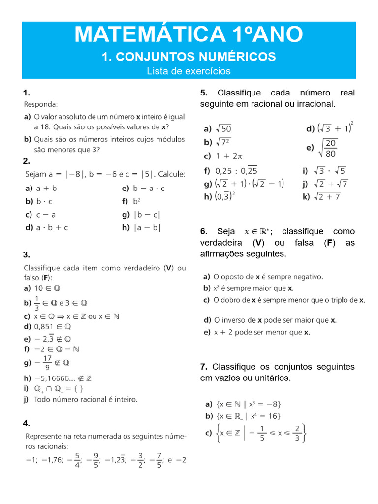 Exercícios de Conjuntos Numéricos 1º Ano | PDF