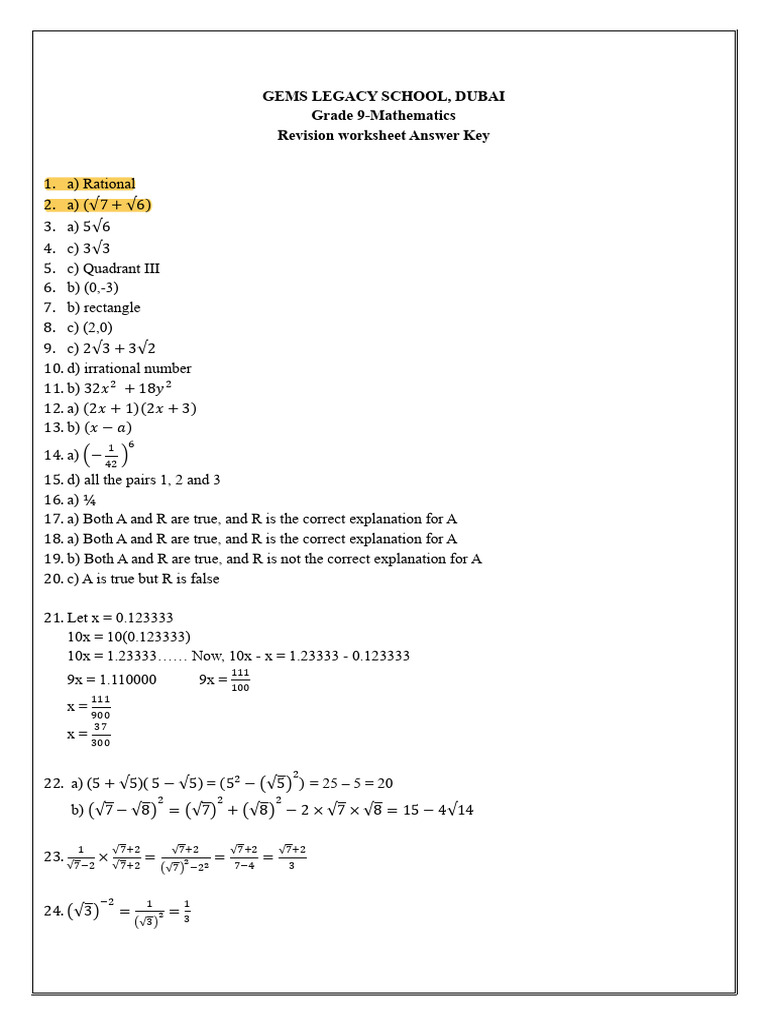 Grade 9 Math Revision Answer Key | PDF | Chess | Chess Theory