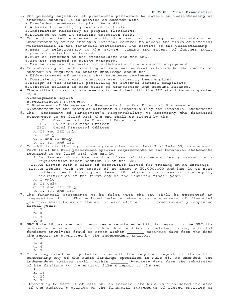 PrE232 Final Exam: Internal Control & SEC Rules | PDF | Audit ...