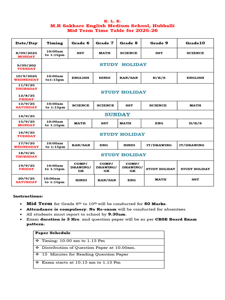 Mid Term Exam Schedule 2025-26 | PDF