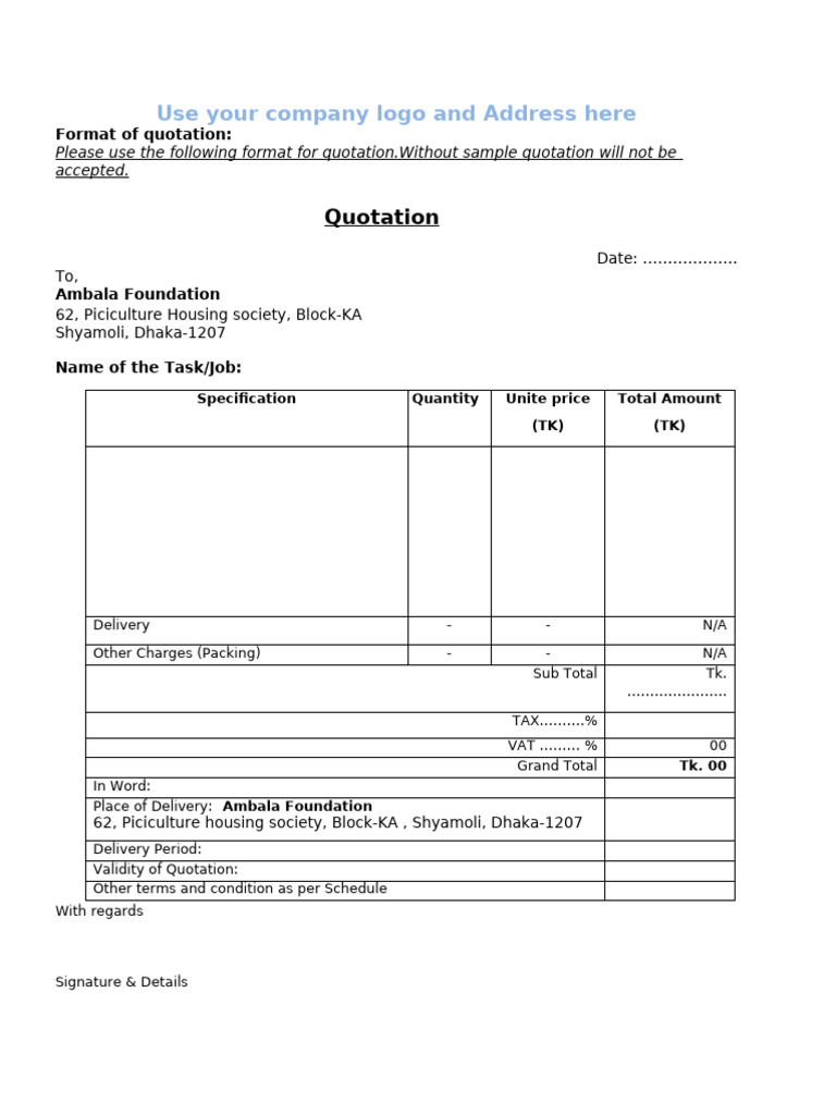 Tender Quotation Format Guide | PDF