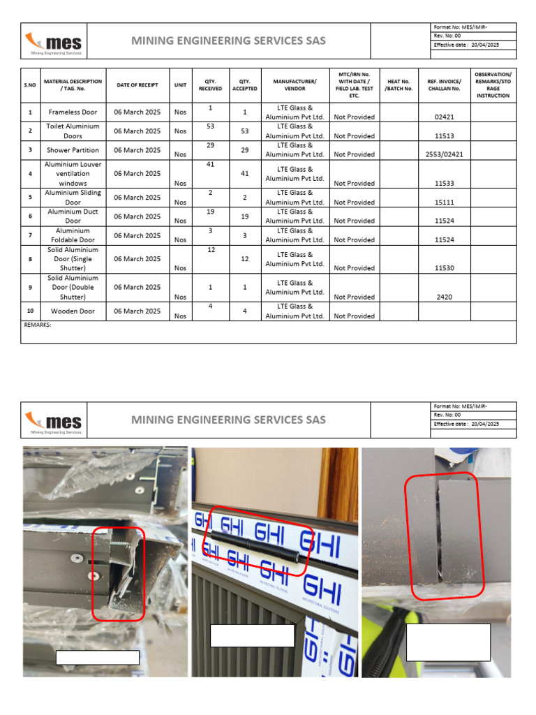Incoming Material Inspection Report | PDF | Door | Window