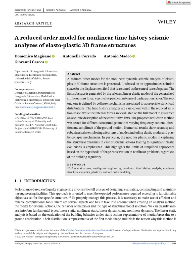 Earthq Engng Struct Dyn - 2022 - Magisano - A Reduced Order Model For ...