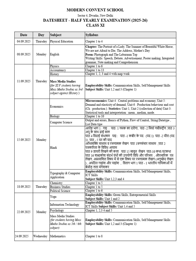 Class XI Half-Yearly Exam Datesheet 2025 | PDF