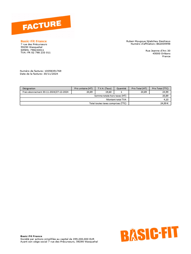 Facture Abonnement Basic-Fit 2024 | PDF