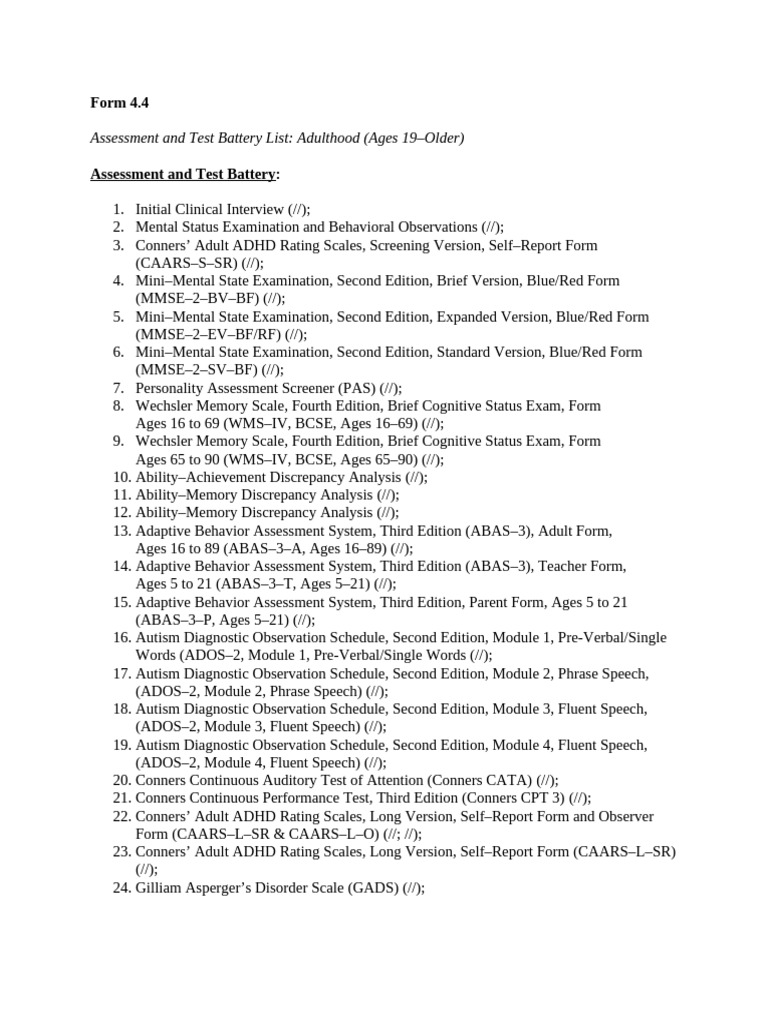 Adult Assessment Test Battery List | PDF | Wechsler Adult Intelligence ...