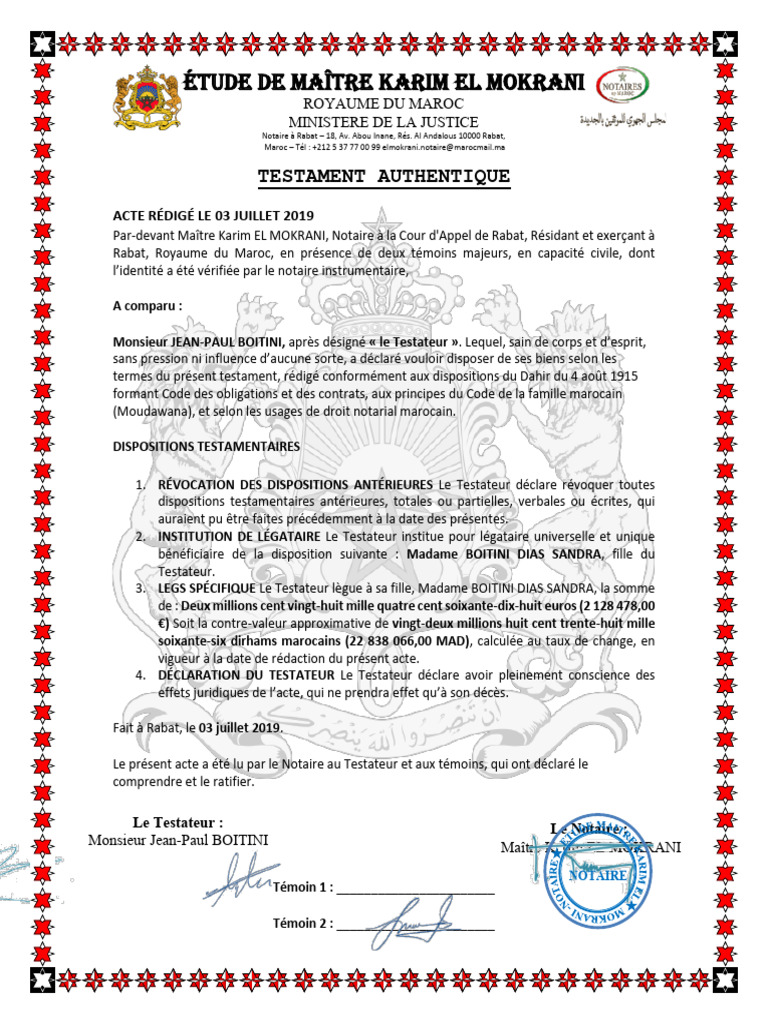Testament authentique de JeanPaul Boitini PDF Maroc — free download
