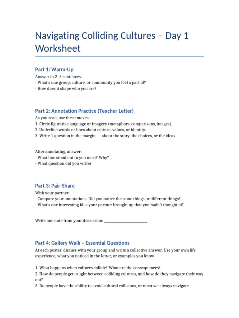 Navigating Cultural Collisions Worksheet | PDF