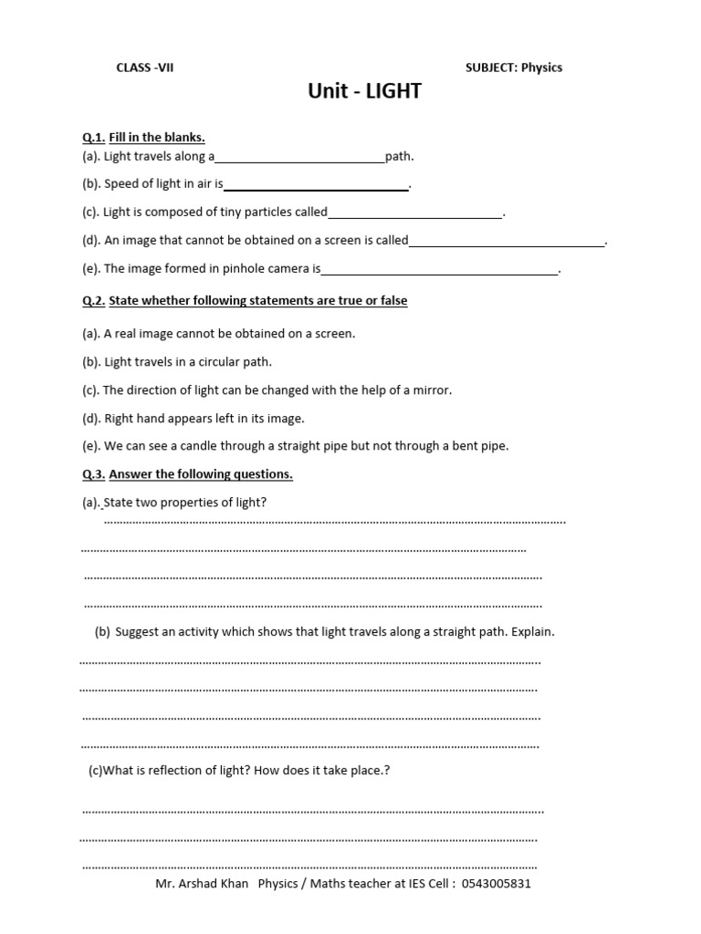 Light Unit Worksheet for Class VII | PDF | Light | Waves