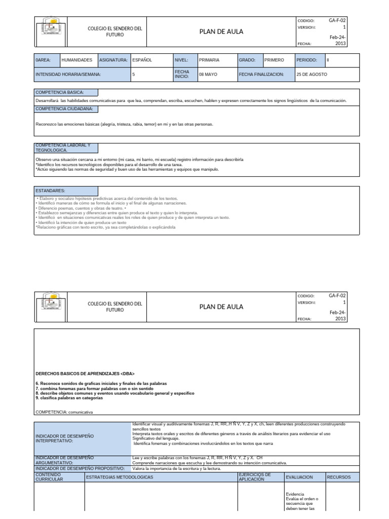 Plan de Aula de Español para Primer Grado | PDF | Plan de estudios ...