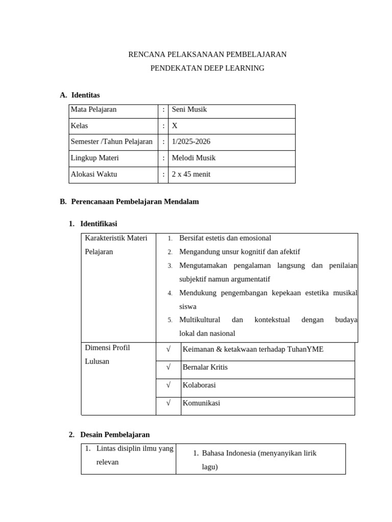 RPP Pendekatan Deep Learning Melodi | PDF