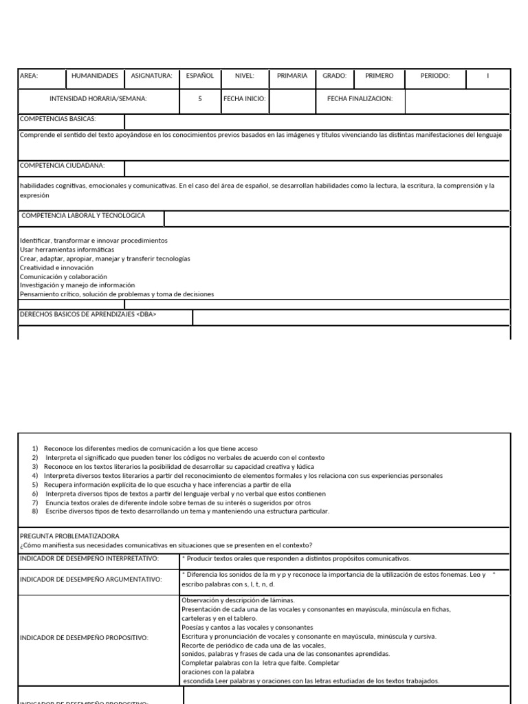 Plan de Clases de Español para Primero | PDF | Comunicación | Educación ...