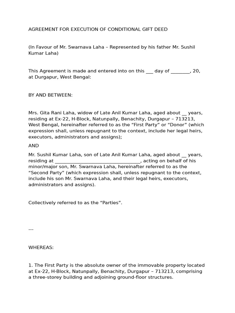 Conditional Gift Deed Agreement for Swarnava | PDF | Deed | Civil Law ...