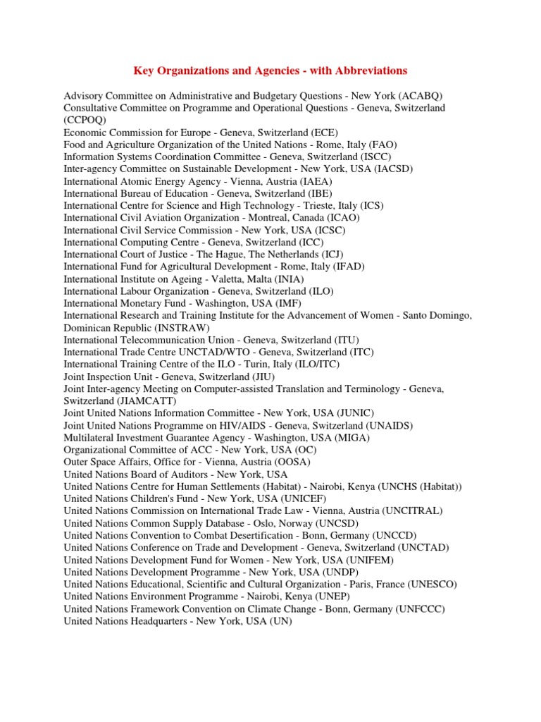 Key UN Agencies and Their Abbreviations | PDF | United Nations ...