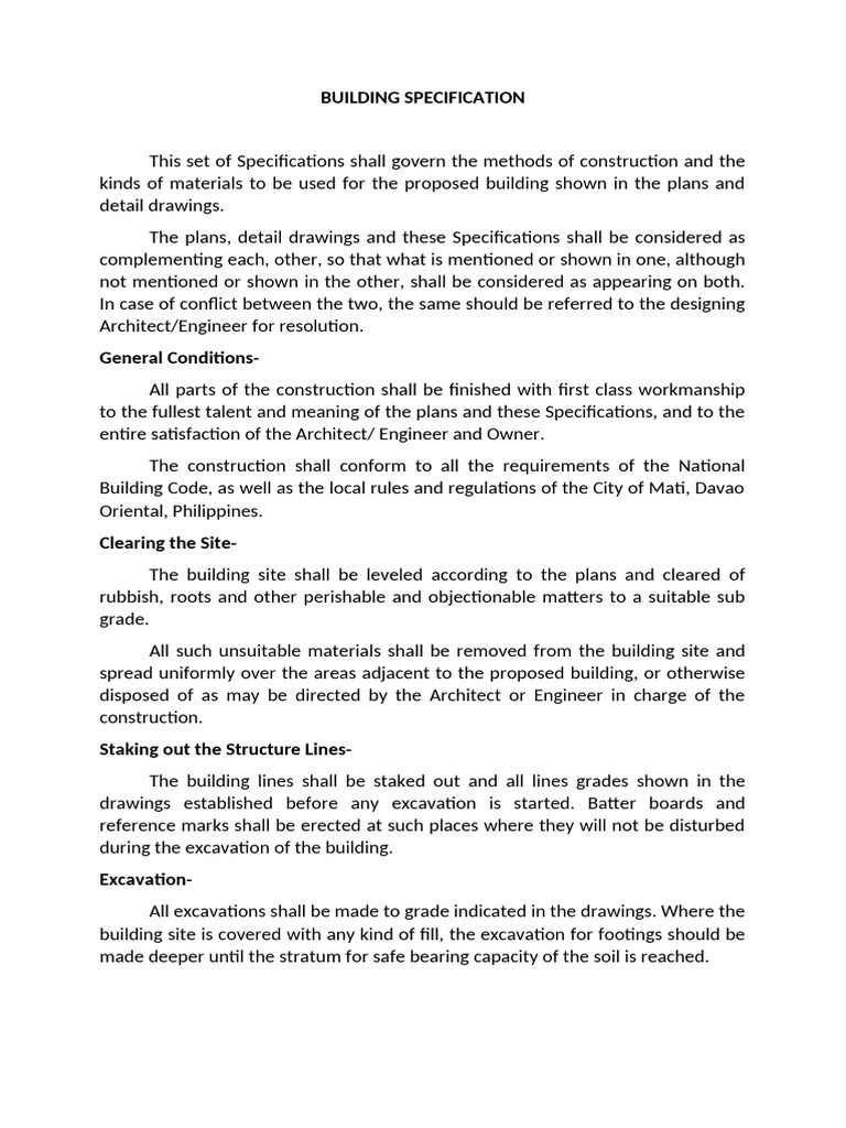 Building Construction Specifications Guide | PDF | Concrete | Cement
