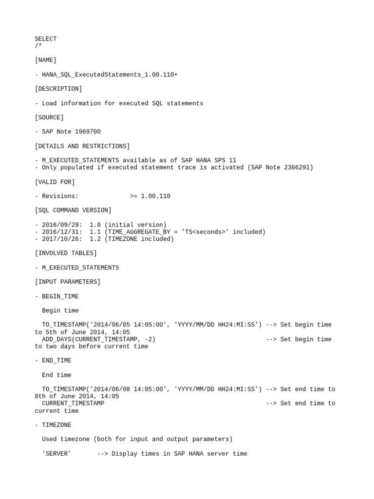 HANA SQL Executed Statements Overview | PDF | Sql | Databases