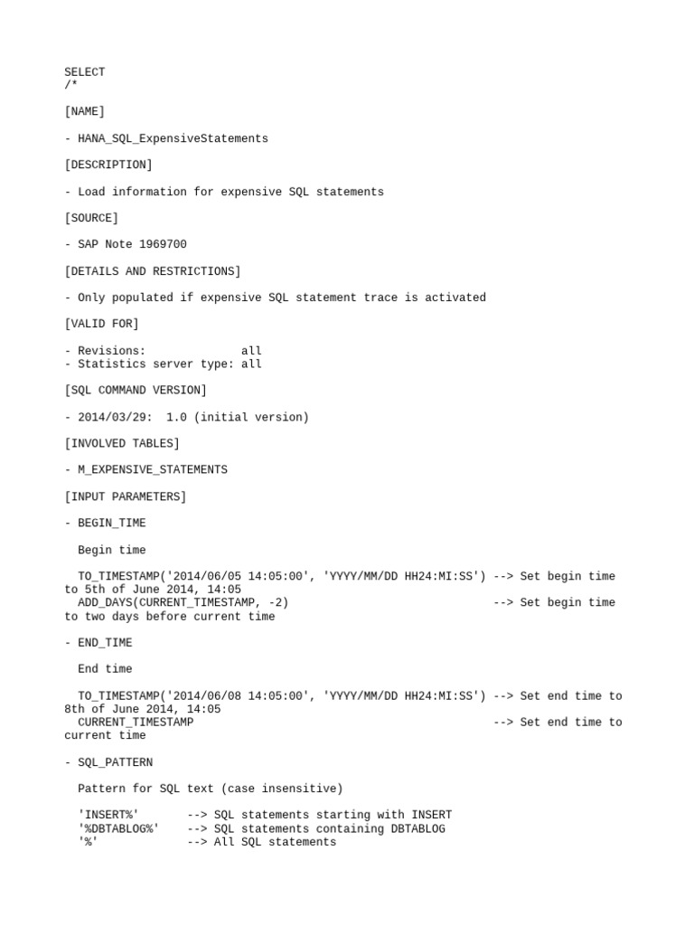 HANA SQL Expensive Statements Query | PDF | Sql | Data Management