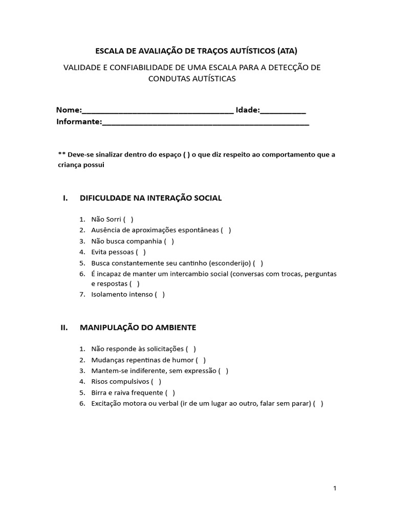 Avaliação de Traços Autísticos: Escala ATA | PDF | Ciências ...