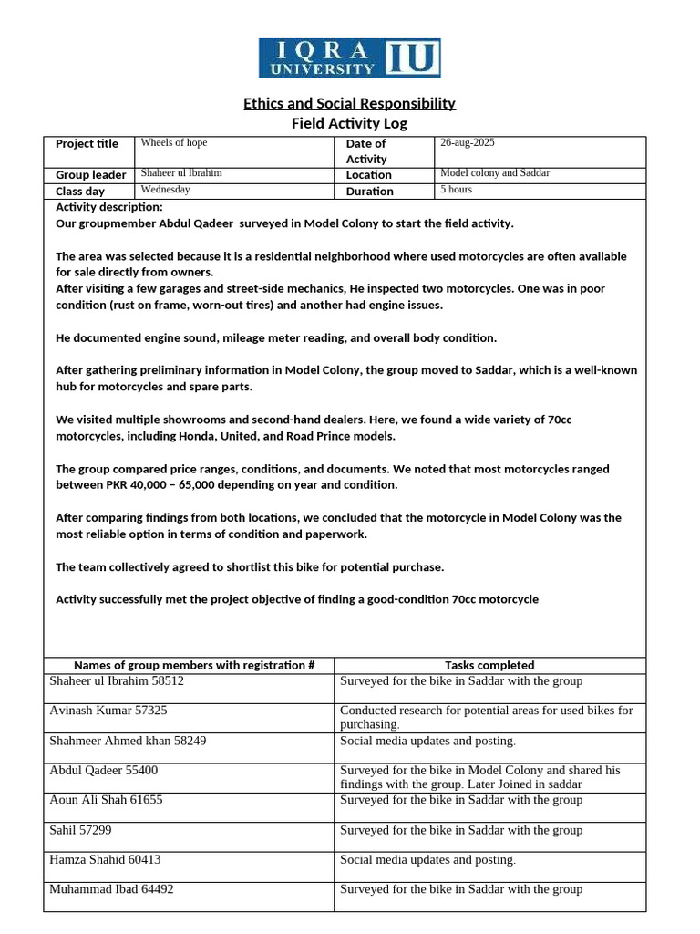 Field Activity Log: Motorcycle Survey | PDF | Honda | Motorcycling