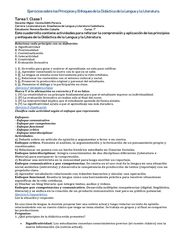 Ejercicios de Didáctica de Lengua y Literatura | PDF | Enseñando ...