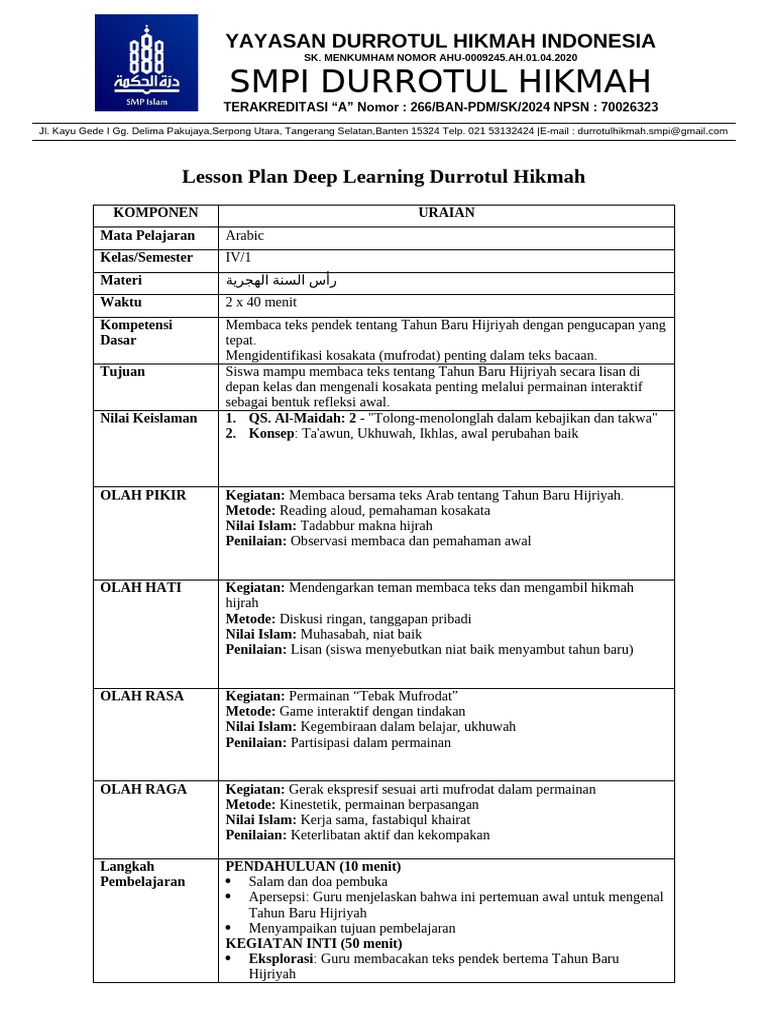 Lesson Plan Deep Learning Arabic 9, 22 Juli | PDF