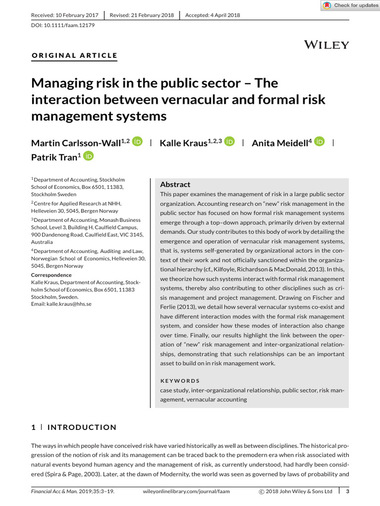 Managing Risk in The Public Sector The Interaction Between Vernacular ...