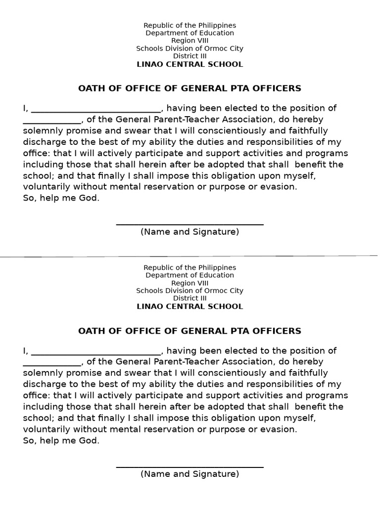 Oath of Office for PTA Officers | PDF