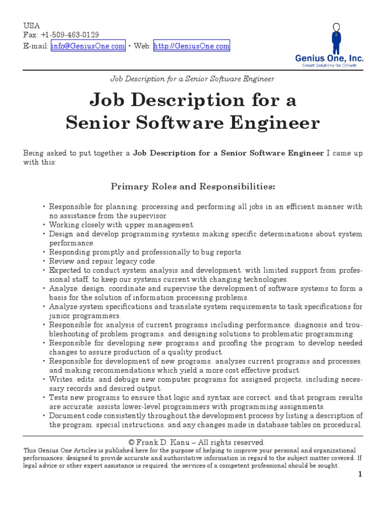 Job Description Senior Software Engineer | PDF | Programmer | Computer